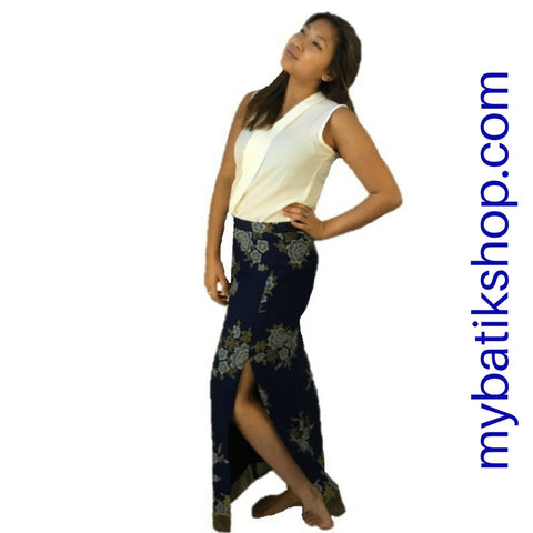Batik Long Skirt High-slit Dark Blue