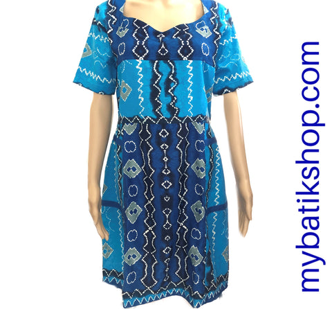 Fine Short-sleeves Embossed Soft Batik Blue Dress
