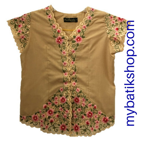 Kebaya for Girls -  Creme Fine Color Embroidered Short-sleeves