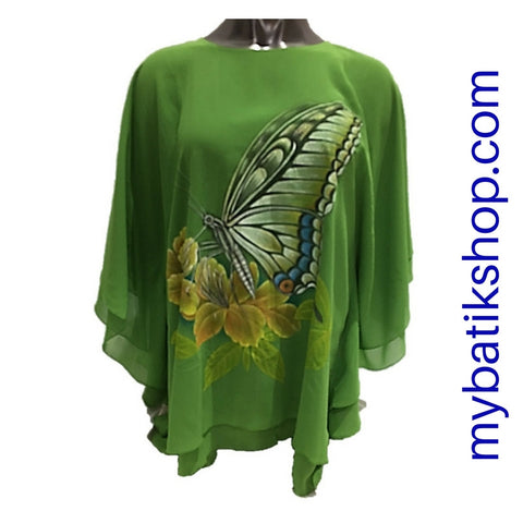 Handpainted Green Chiffon Blouse Butterfly