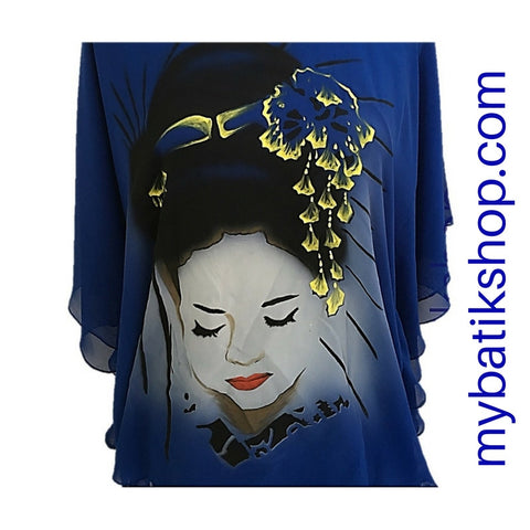 Handpainted Dark Blue Chiffon Blouse Geisha