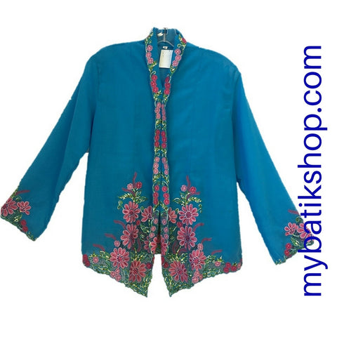 Kebaya Nyonya Fine Embroidery XXL Blue Long-sleeves