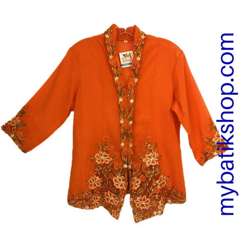 Kebaya Nyonya Fine Embroidery Orange 3/4 Sleeves