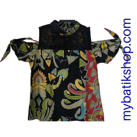 Batik Lace Top Off Shoulder Black Multi
