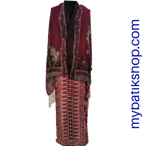 Sarong and Scarf Set Solo Semi Silk Red Wine