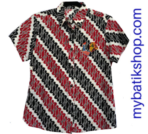 MJ Batik Collared Shirt Short-sleeves Embroidery Red Black White